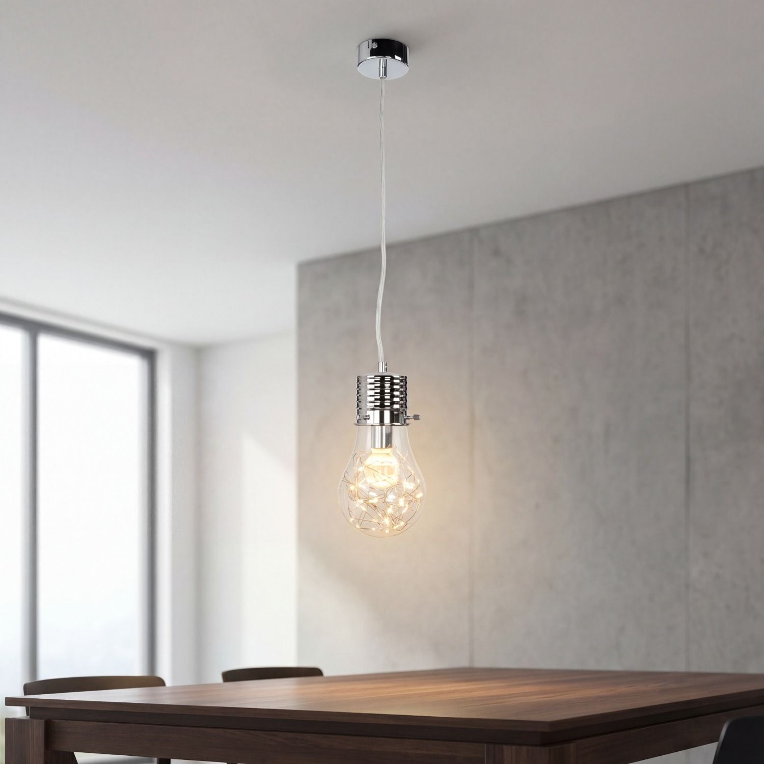 pendelleuchte-hangelampe-gluehbirne-chrom-modern-design-1 hängelampe, pendelleuchte, glaskolben, metallchrom, esszimmer
