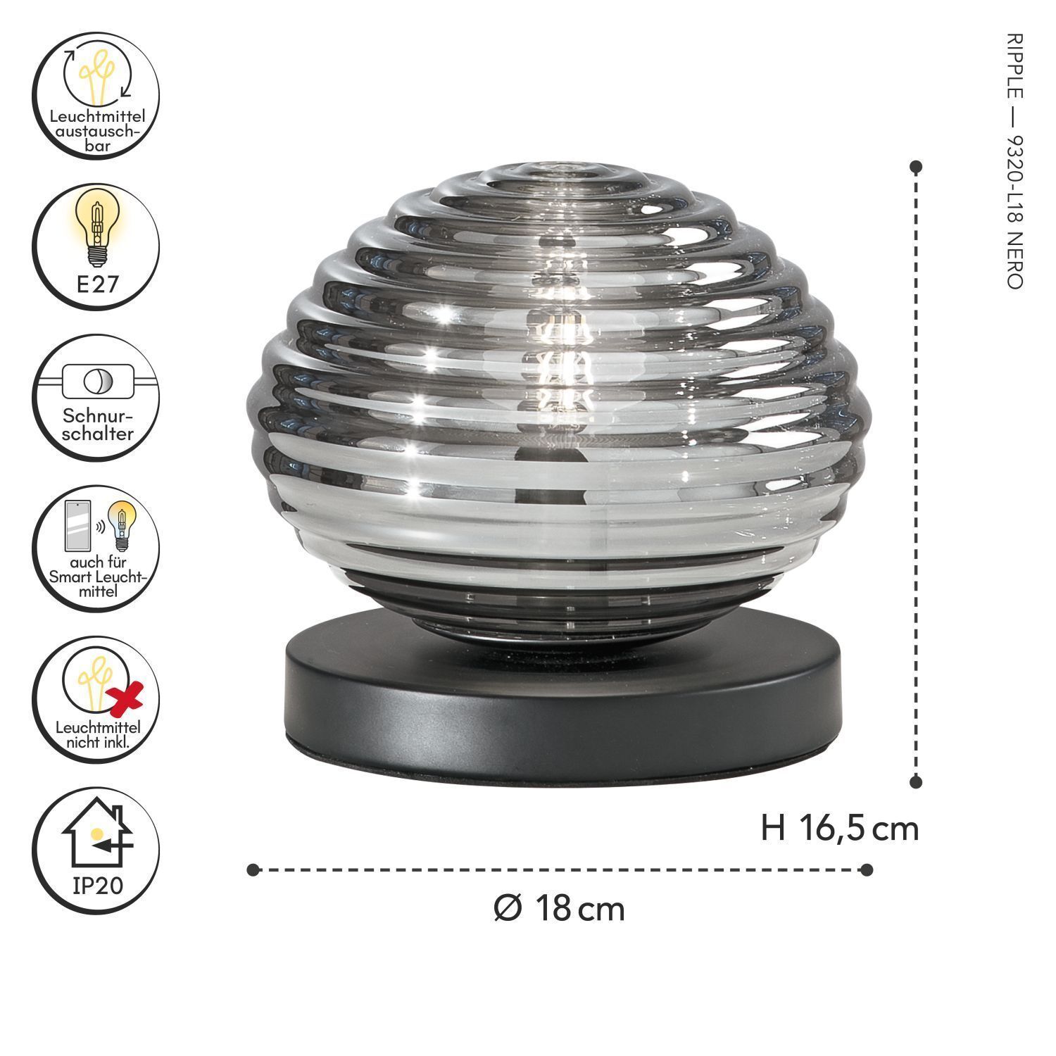 Tischlampe Rauchglas Metall Schwarz E27 16,5 cm Ø18 cm Tischlampe, Spirale, Glas, Stehendes Licht, E27