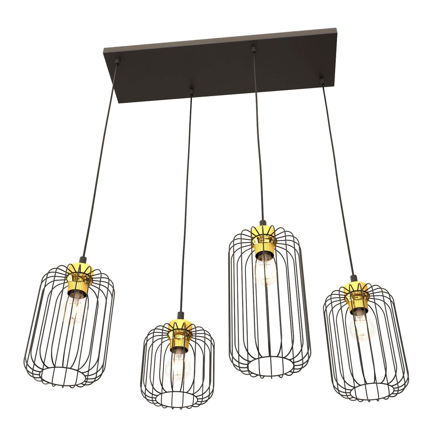 Pendelleuchte Metall E27 70 cm lang Retro Schwarz Gold Hängeleuchte, Kugel-Lampe, Metallgitter, Hängelampe, Vierflammig