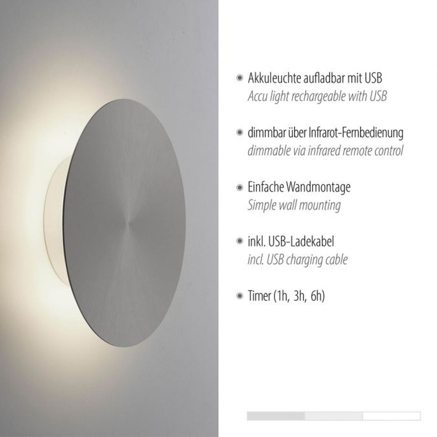 LED Akku Wandlampe Grau dimmbar Fernbedienung Timer 1 W Deckenleuchte