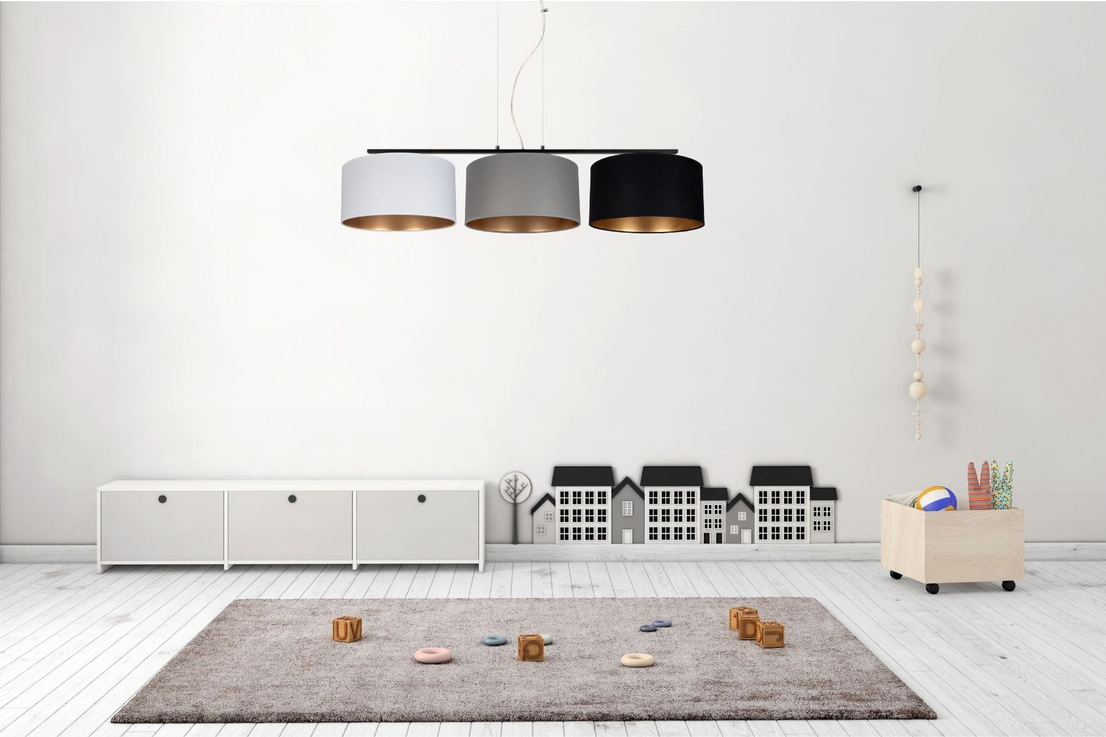 Confortable lampe à suspendre Tissu Blanc Gris Noir 3 flammes Dekoration für Zuhause, Teppich, Innenarchitektur, Lampe, Wohnzimmer