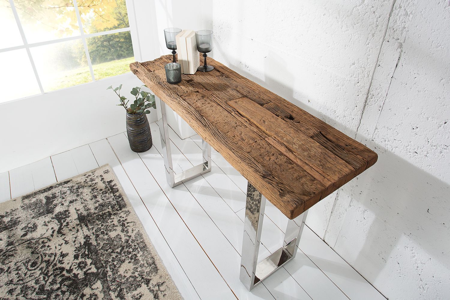 Table console teck recyclé métal 60 cm en naturel