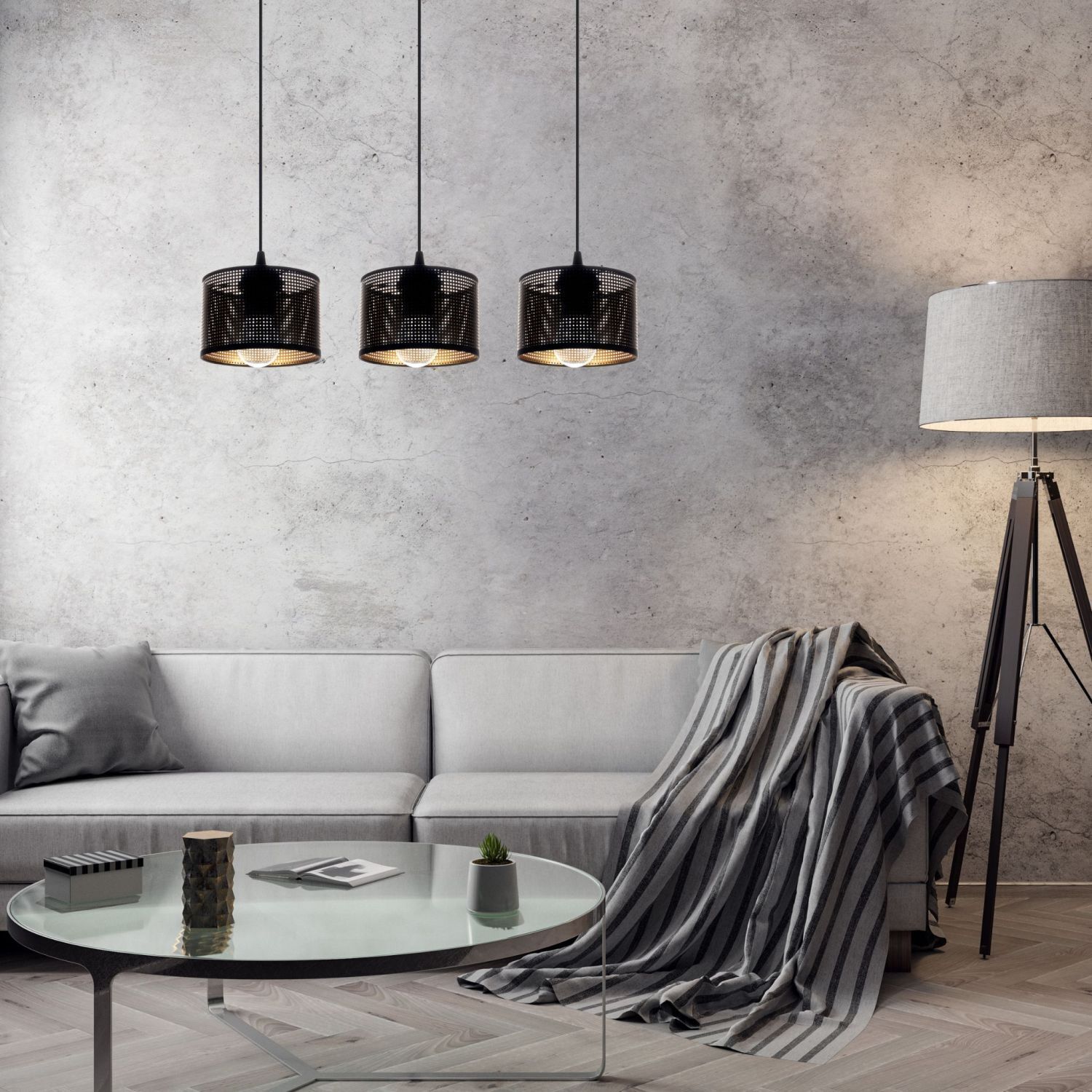 Longue lampe à suspendre métal noir or E27 3-flmg 65 cm Lampe, Pflanze, Couch, Stehlampe, Tabelle