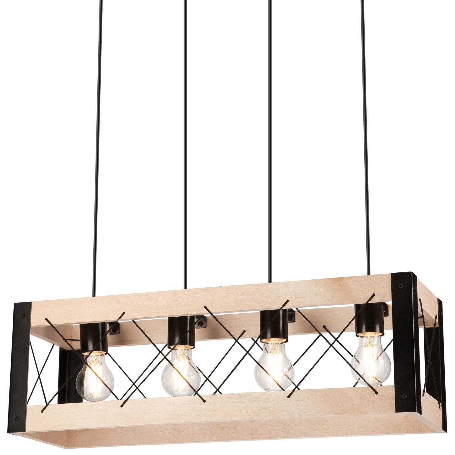 Suspension Bois Métal 4x E27 L : 63 cm Noir Naturel Rustique