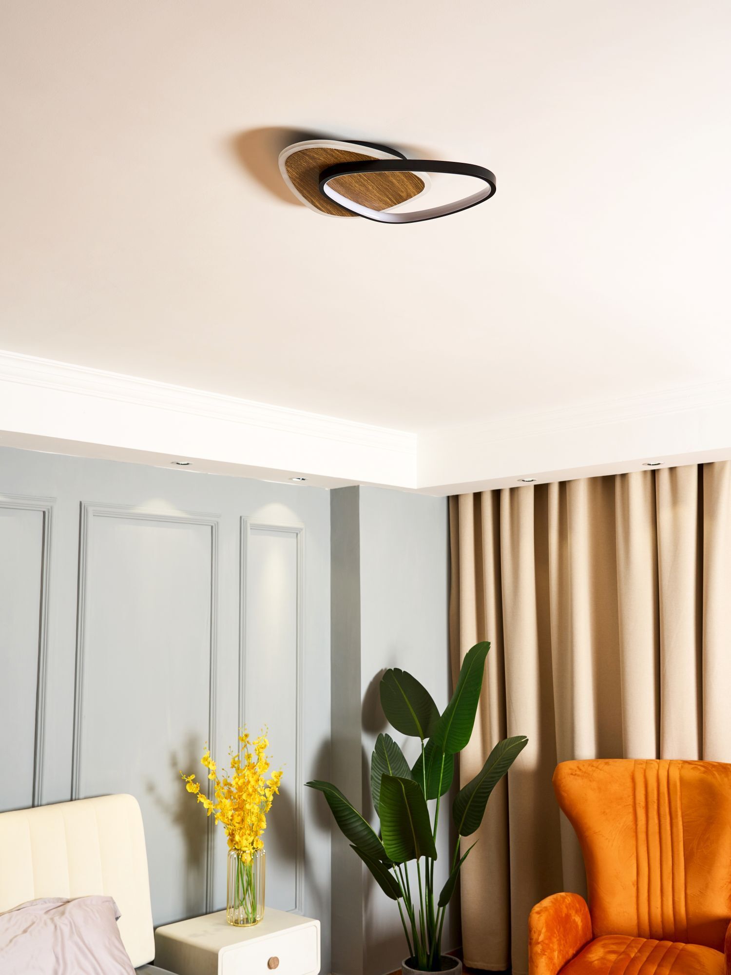 decke leuchte, moderne lampe, holz akzent, wohn decor, raum pflanze