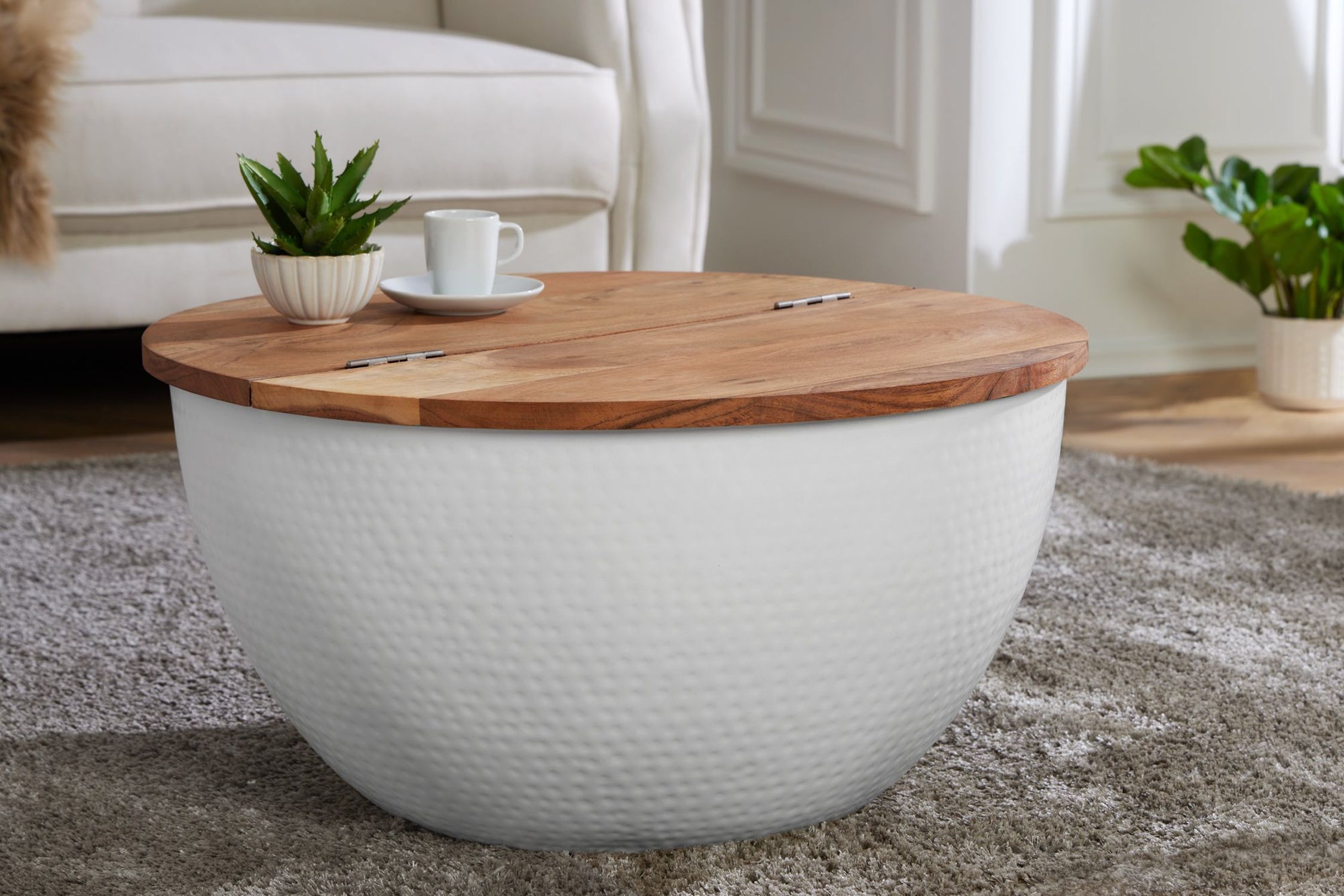Table basse en bois d'acacia métal naturel blanc 60x60 cm artisanale