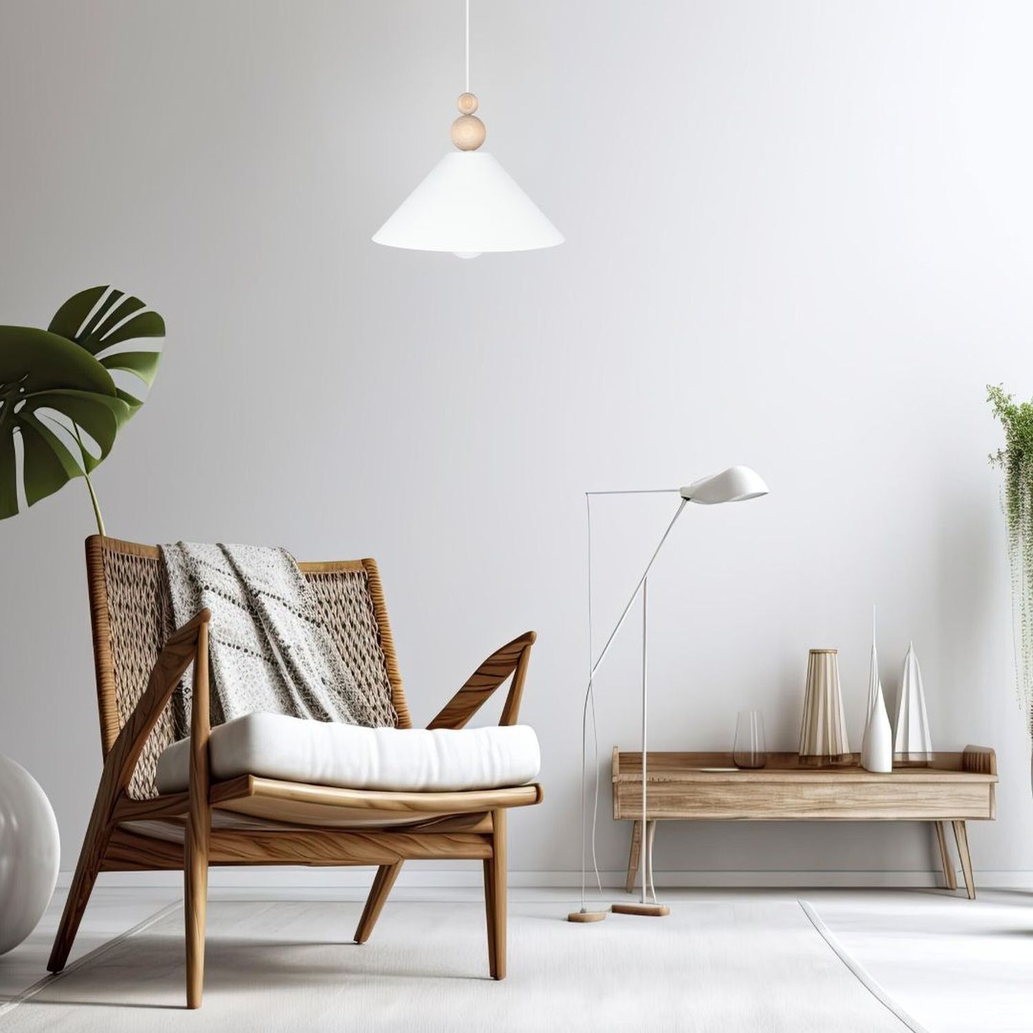 wohnzimmer, holzstuhl, mies traditionell, lampe, deko-vasen