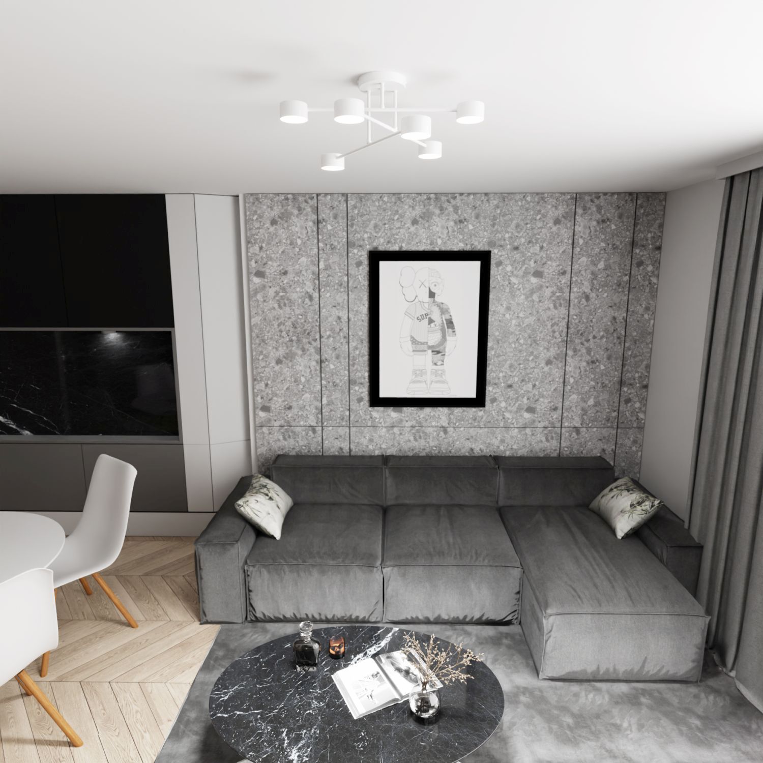 Deckenleuchte Weiß Metall akzentuiert L:60 cm GX53 Wohnzimmer, Sofa-Landschaft, Graue Couch, Marmortisch, Wandverkleidung