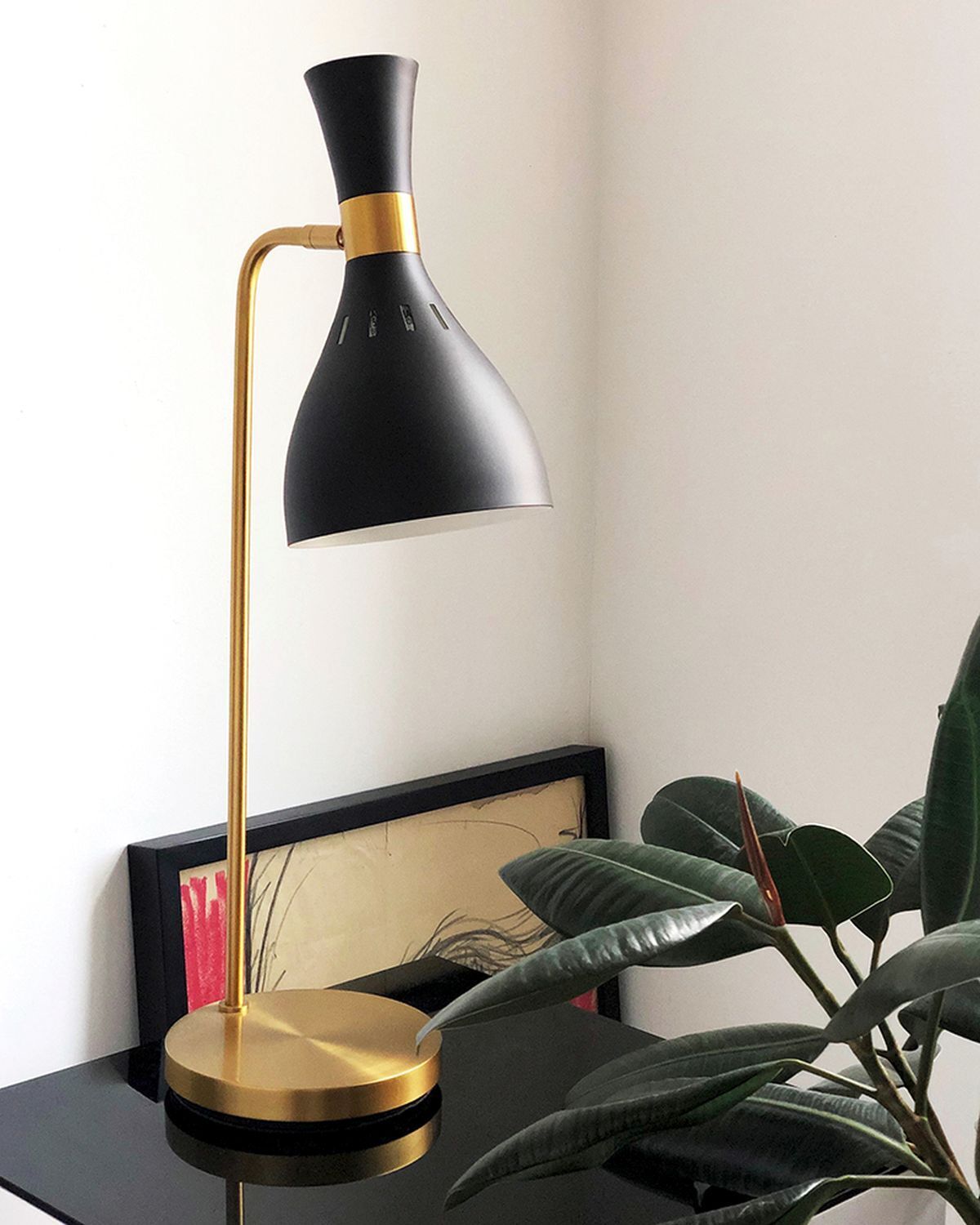 beleuchtung-tischleuchte-tischlampe-lilafera-1-flammig-messing-brueniert-schwarz-retro-loft-382-2 Tischlampe, Stehlampe, Gold, Schwarz, Kunstpflanzen