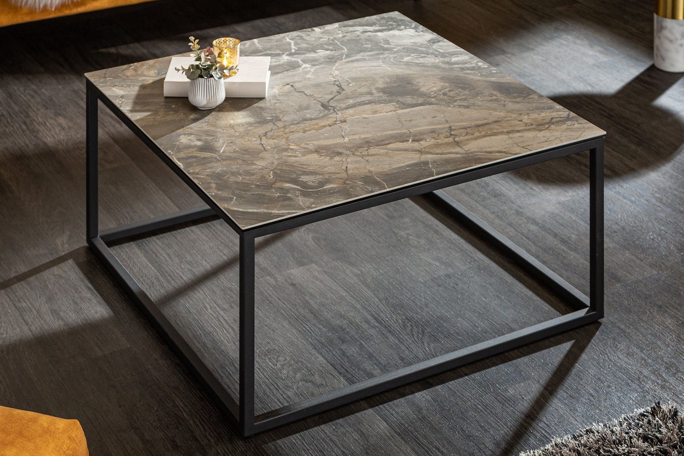 Table basse en céramique aspect marbre noir 75x75cm (LxlxH)