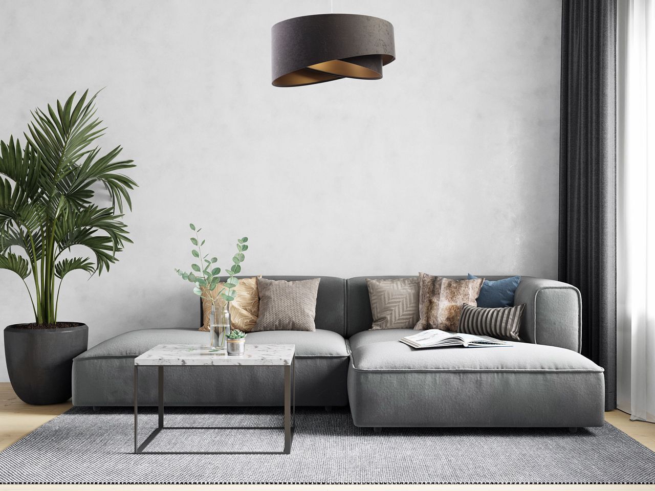 Pendelleuchte Stoff verstellbar E27 Stoff in Grau Gold Moebel, Pflanze, Dekoration für Zuhause, Couch