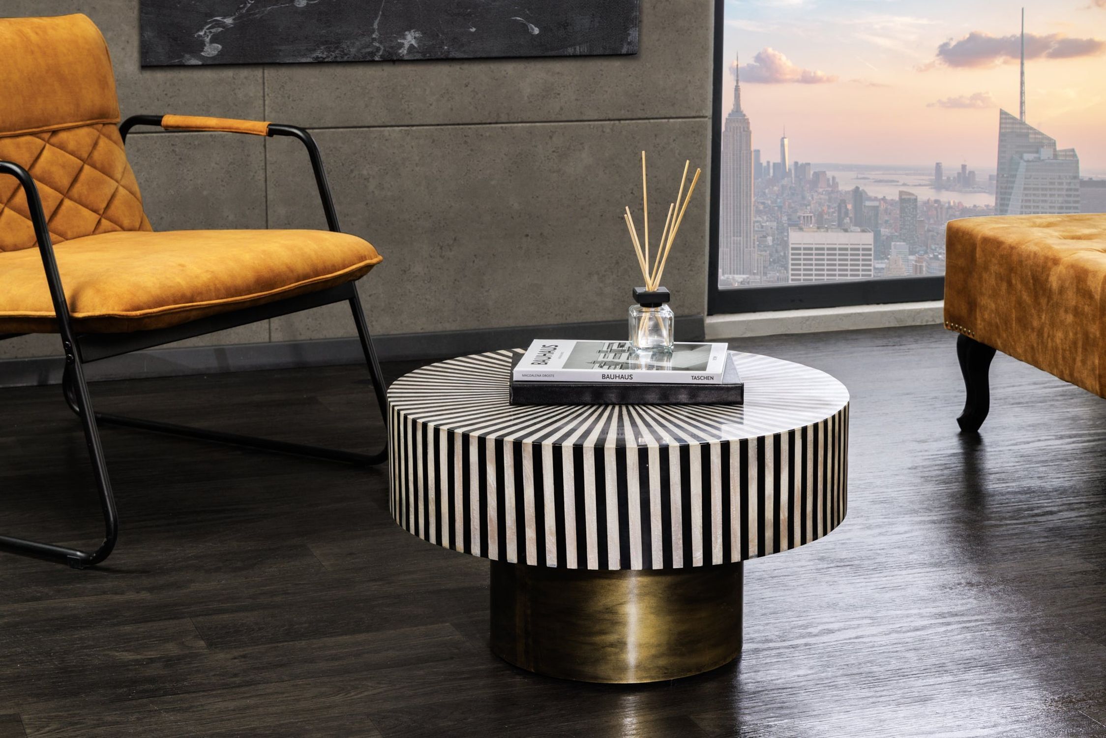 Table basse en marqueterie noire or blanc Ø 60 cm artisanale Kaffeetisch, Mobiliar, Tabelle, Tischplatte, Stuhl