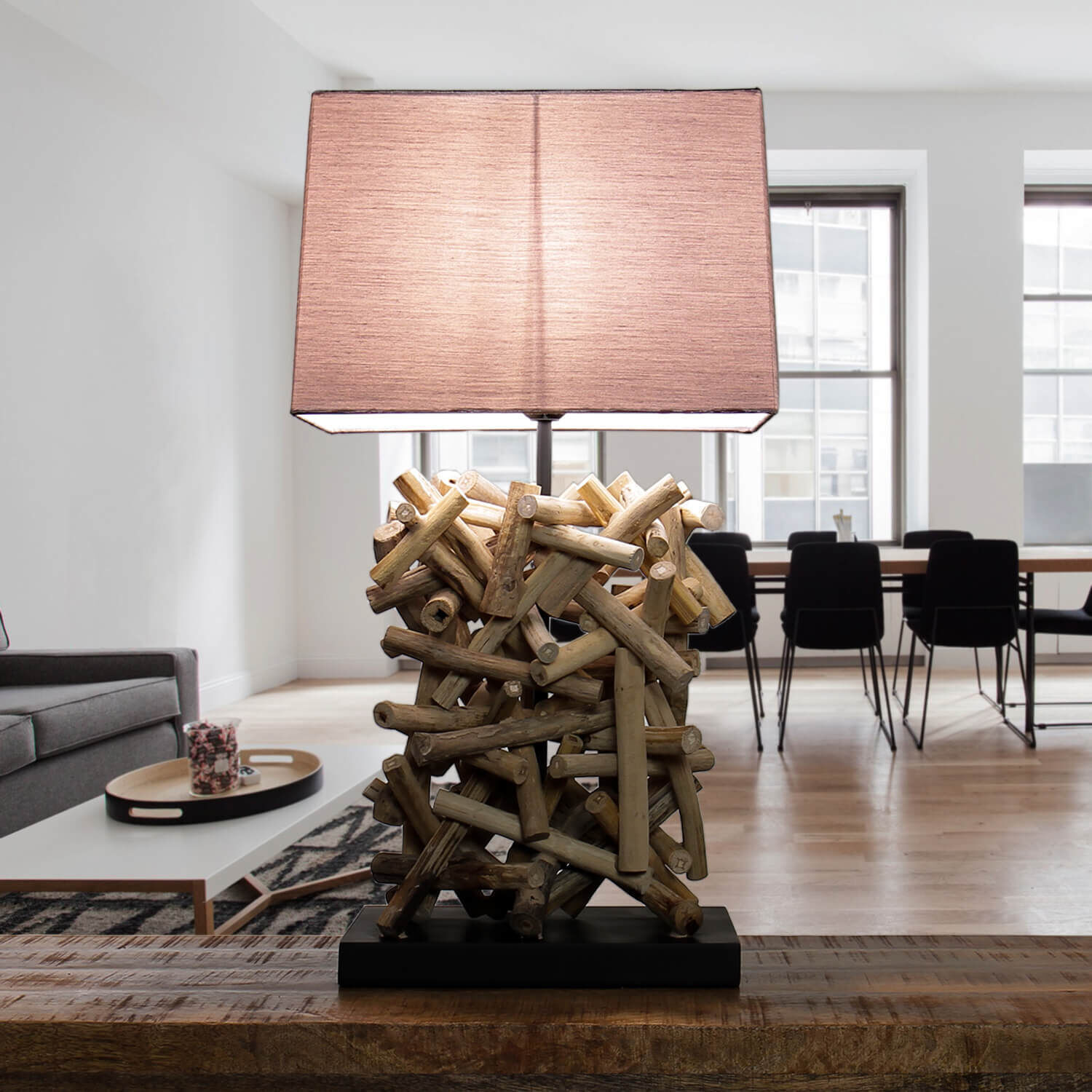 Lampe de table design bois flotté tissu décoratif salon Lampe, Holz