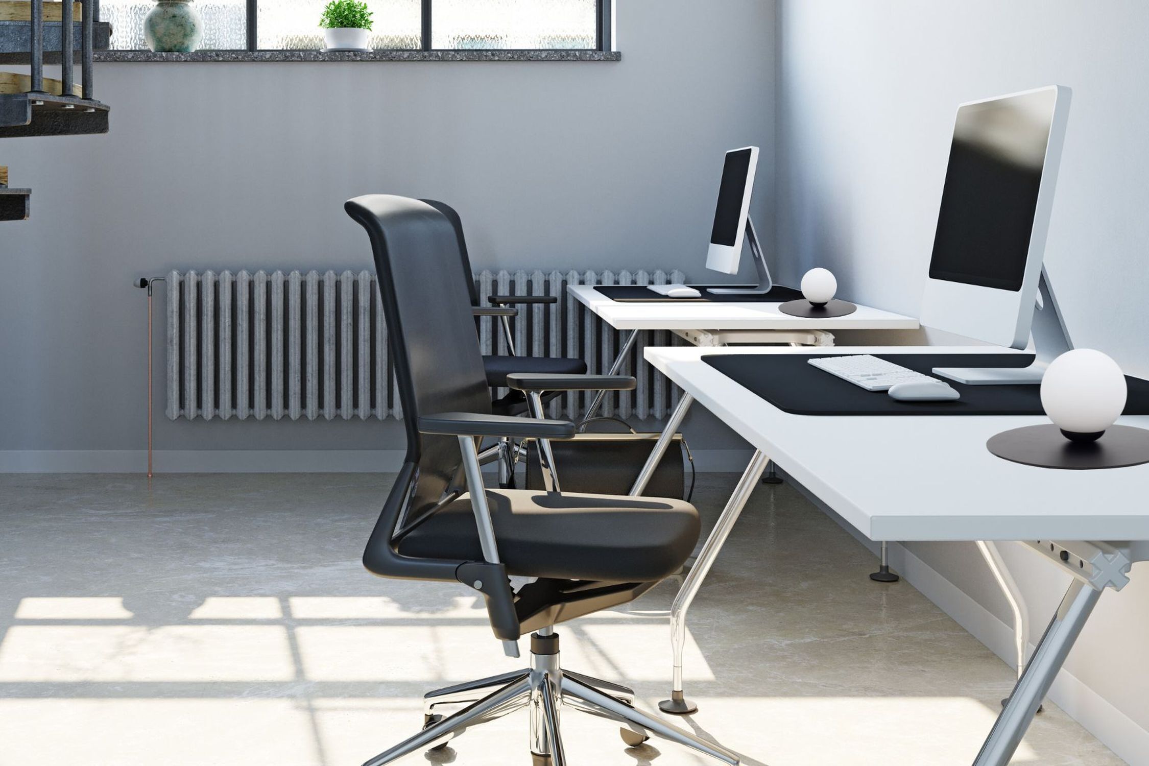 Arbeitsplatz, Büro, Computer-Monitor, Schreibtisch, Stuhl