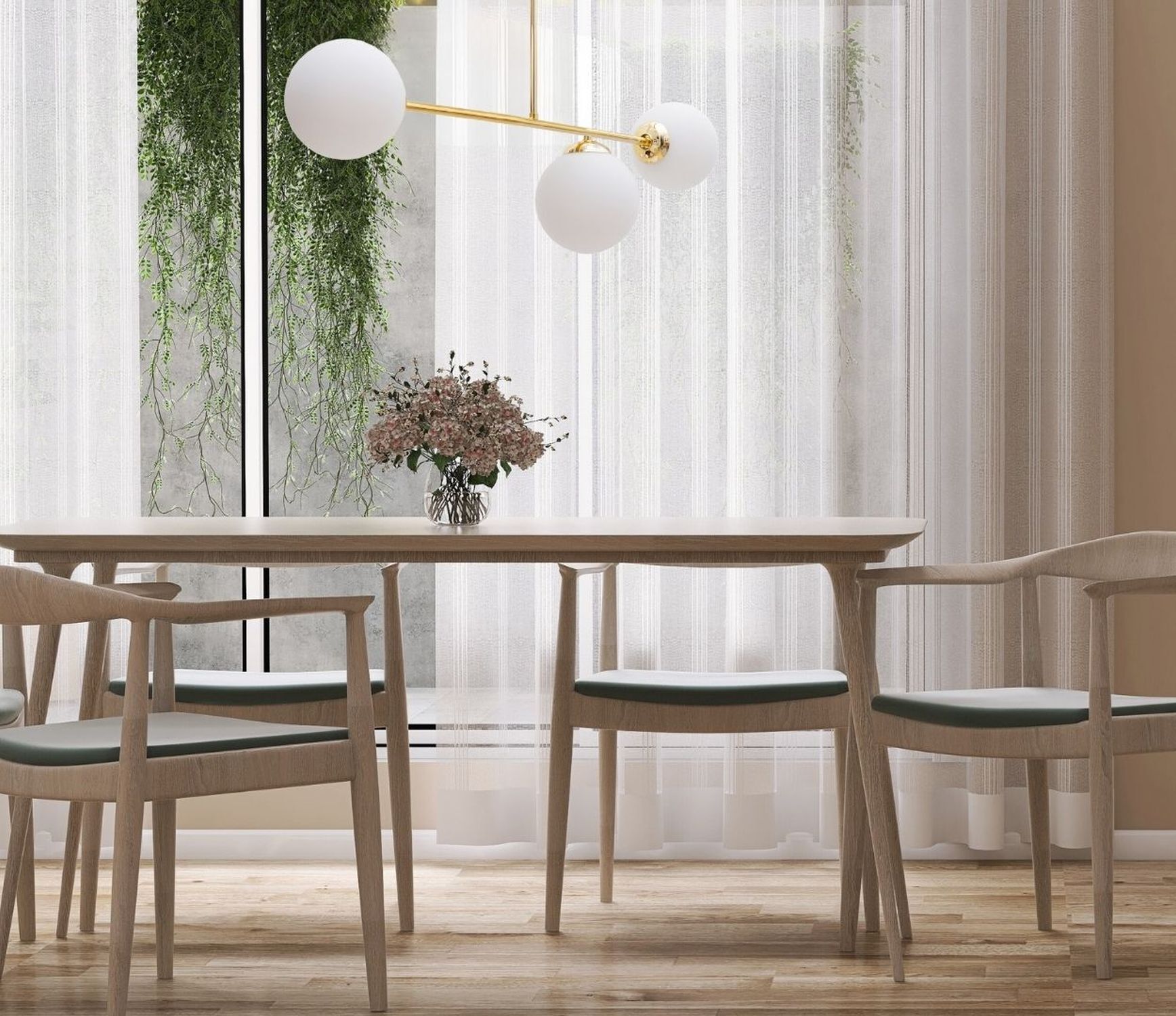 Goldene Deckenlampe Glaskugeln blendarm E27 Metall Speisesaal, Esstisch, Tisch, Innenarchitektur, Tischplatte