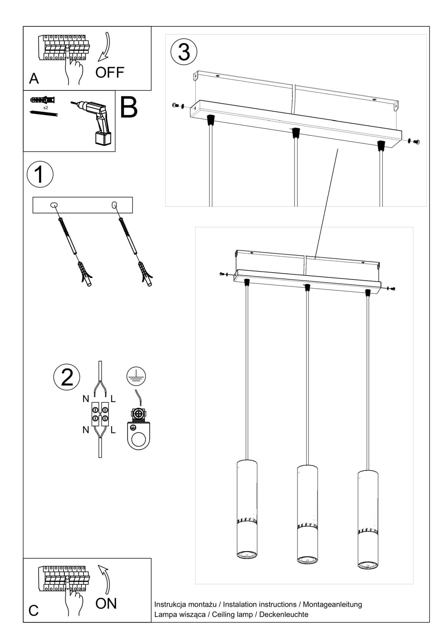 Lampe à suspendre métal noir chrome 3 flammes orientables