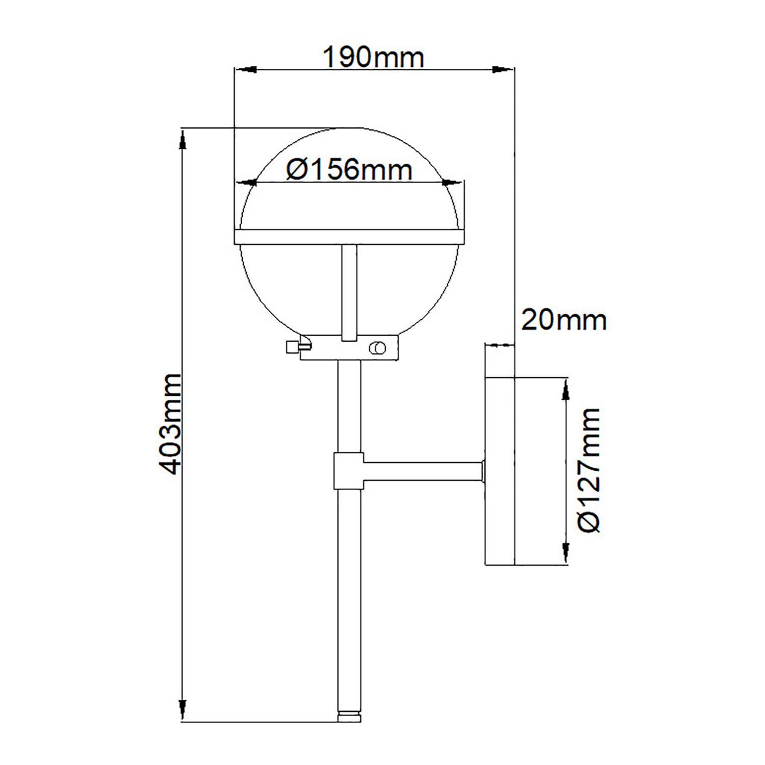 Lampe de salle de bain mur métal verre IP44 H : 40,3 cm Abat-jour sphérique
