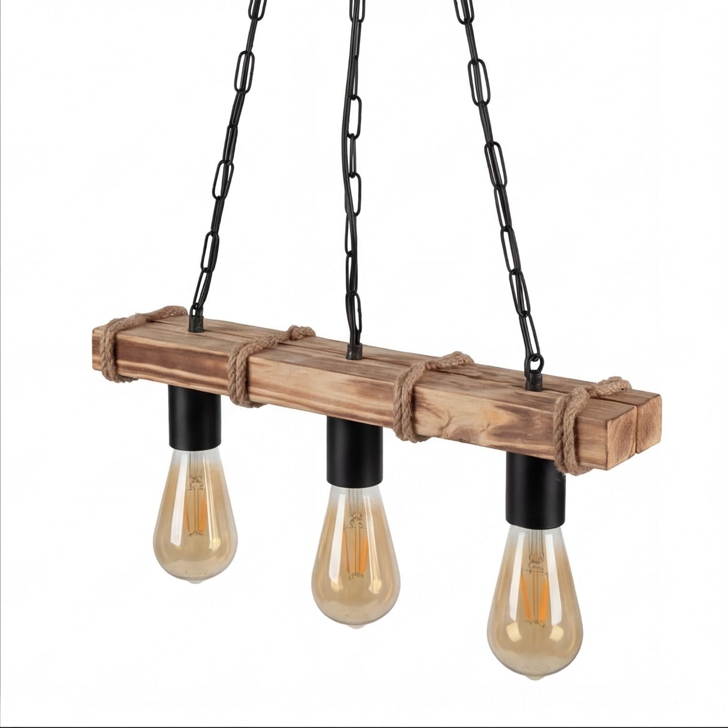 Hängeleuchte, Holz, Edison-Birne, Drei Kabel, Industrie-Stil