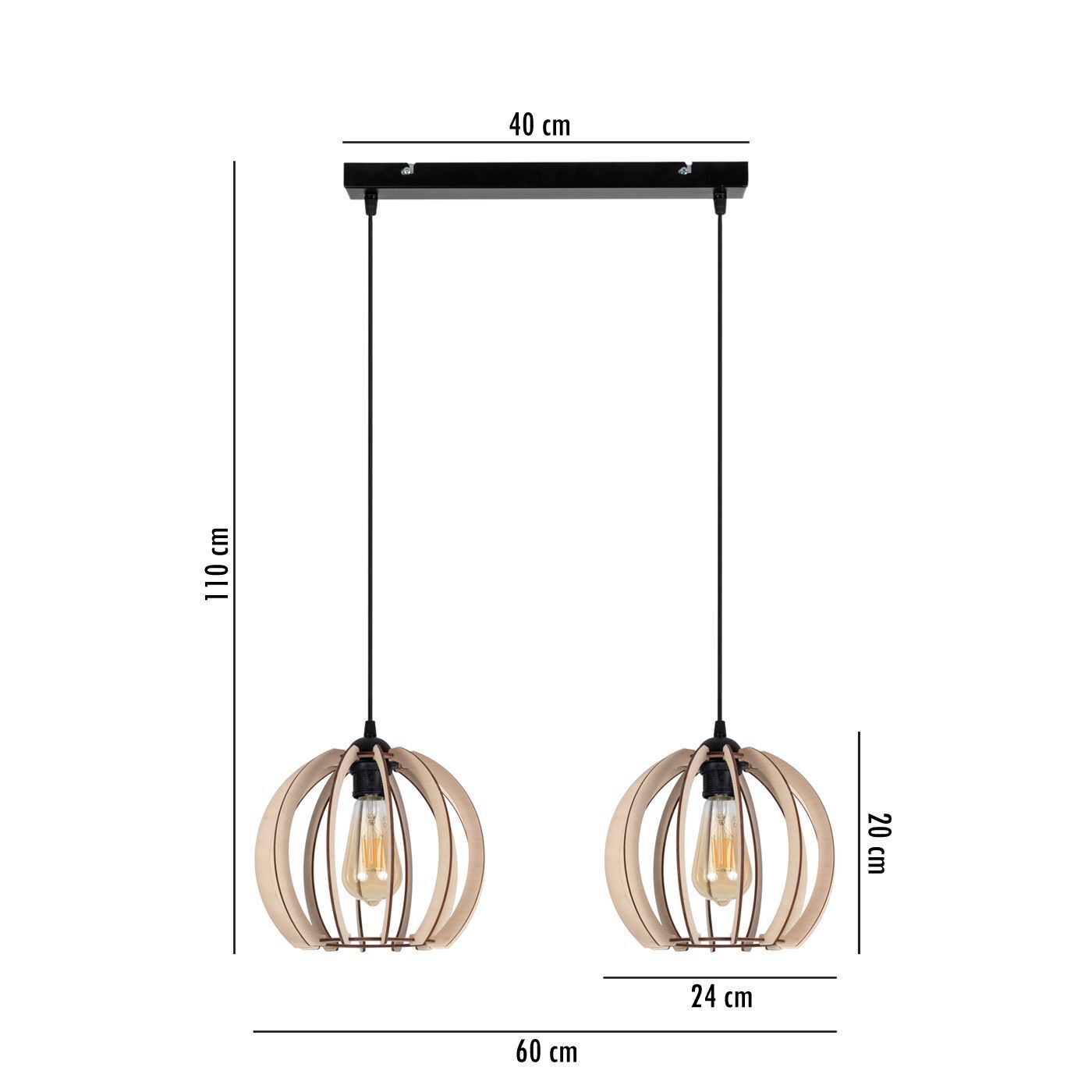 Lampe à suspendre allongée bois métal E27 2 flammes L:60 cm Leuchte