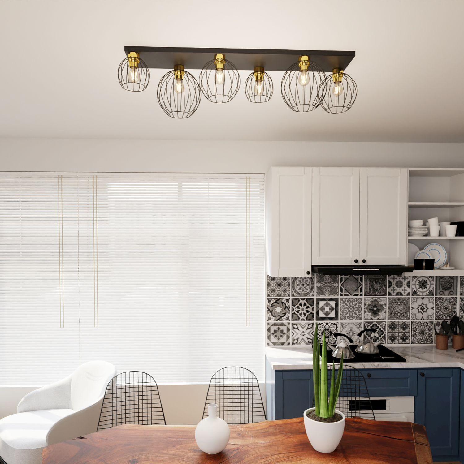 deckeuchte, küche, essen-tisch, pflanze, kachelmuster