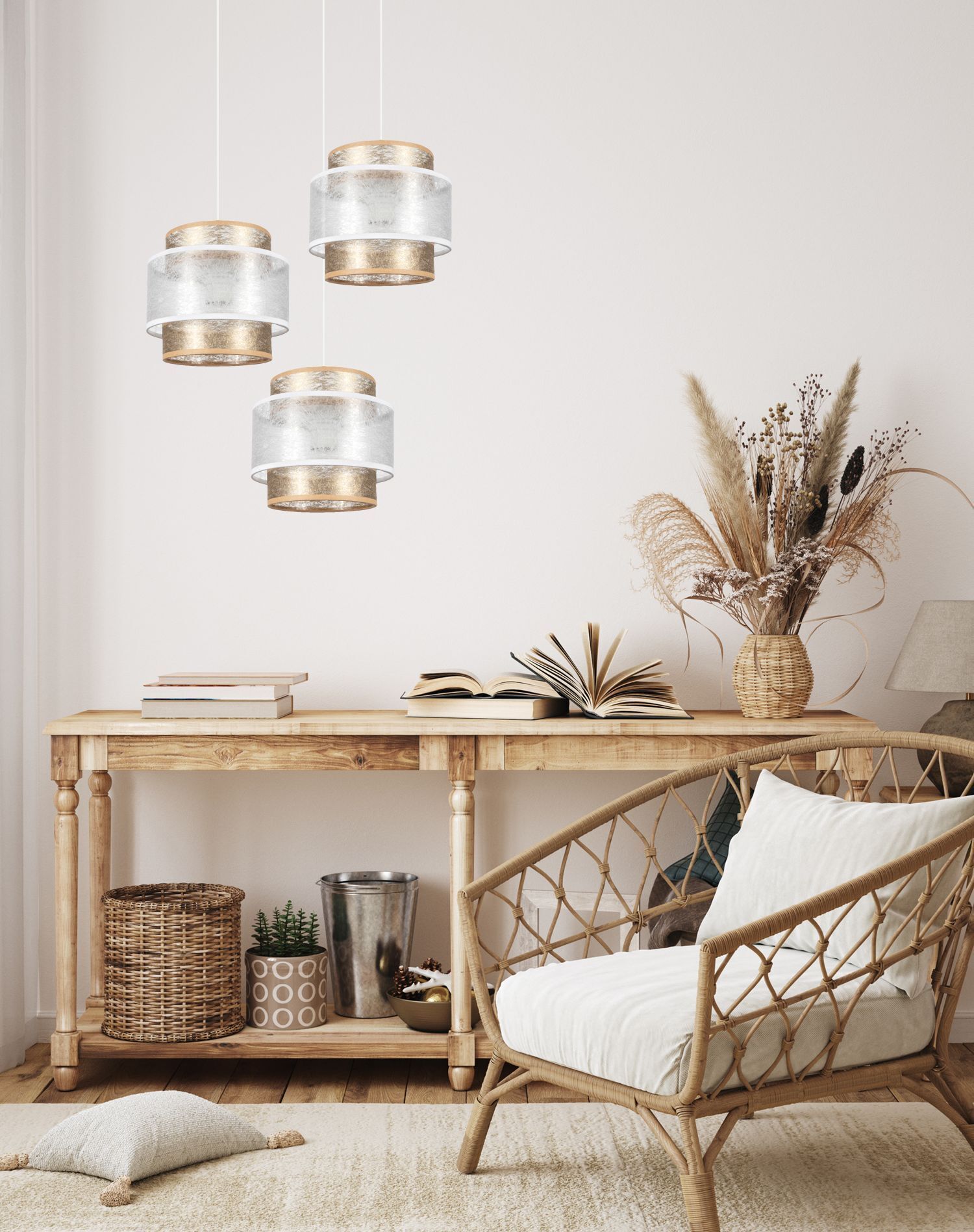 Blendarme Hängelampe Stoffschirme Weiß Gold E27 B:38 cm Tabelle, Innenarchitektur, Lampe, Pflanze, Wohnzimmer