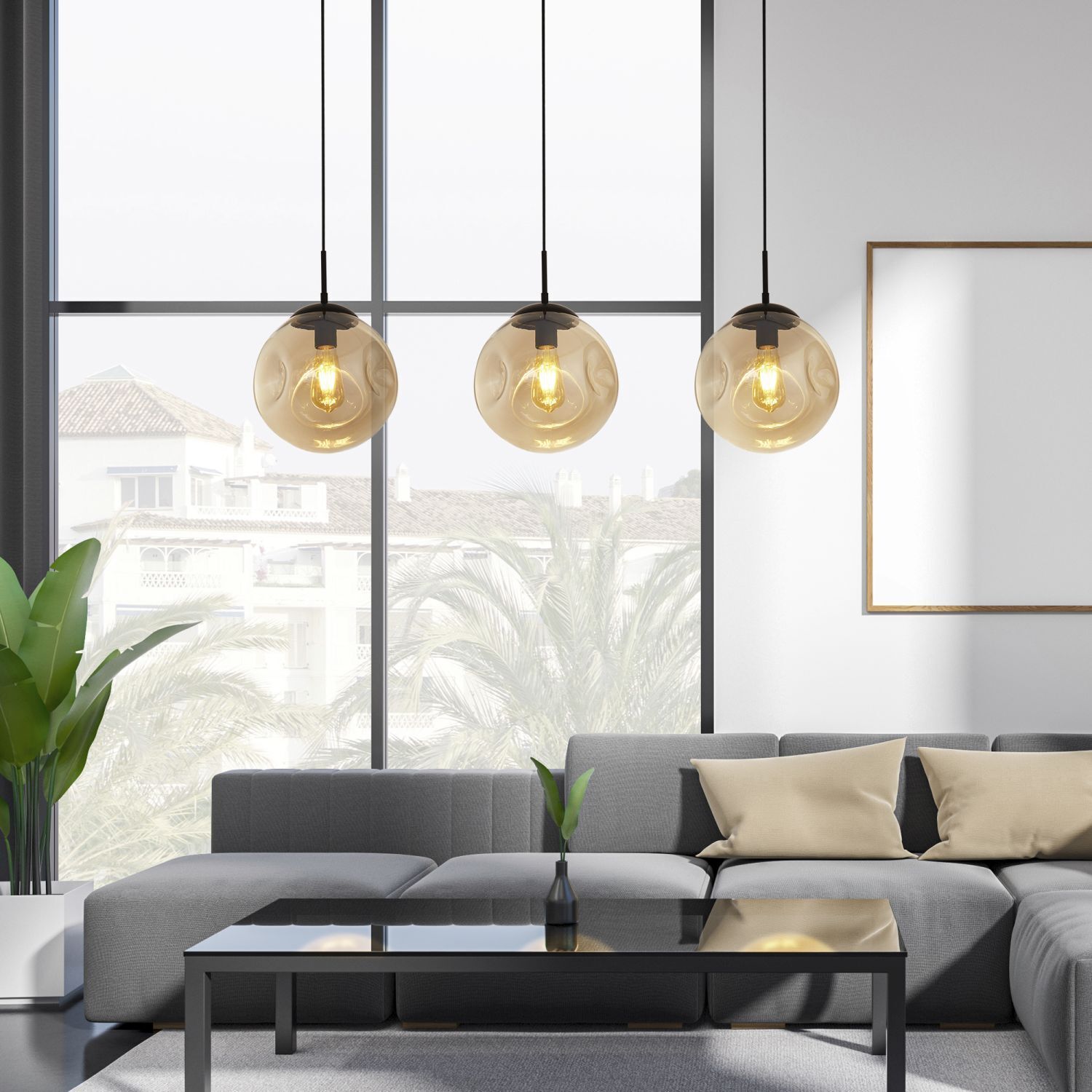Lampe à suspendre 3 flammes E27 Noir Champagne Abat-jour sphérique