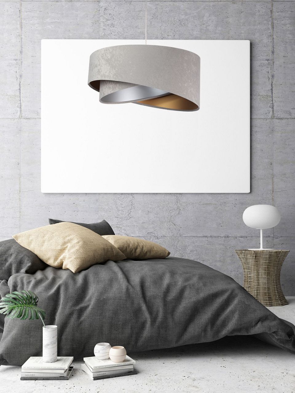 Lampe à suspendre ronde E27 D : 50 cm Gris Or Argent Abat-jour en tissu Kissen, Dekoration für Zuhause, Lampe, Bett, Mobiliar