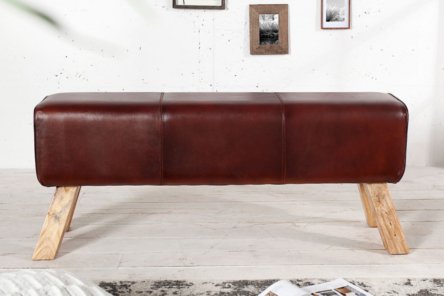 Sitzbank Echtleder Massivholz 40 cm in Kaffeebraun Natur