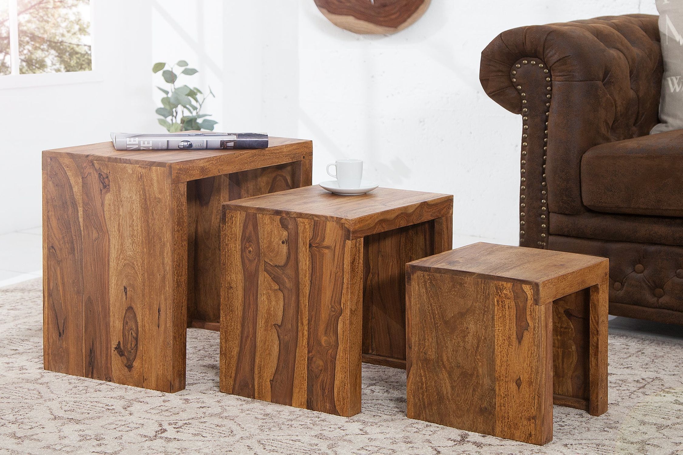 Set de 3 tables d'appoint en bois de sheesham naturel rectangulaire Holz, Hartholz, Gebeiztes Holz, Kaffeetisch, Tabelle