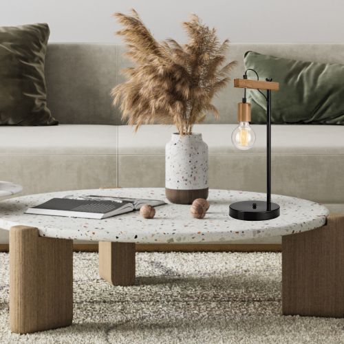 Schwarze Tischleuchte Holz 56cm vielseitig AMIDA