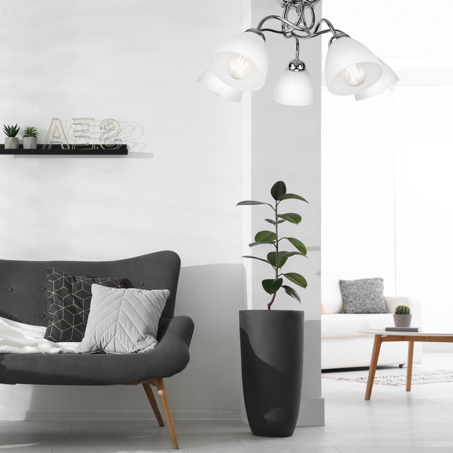 sofa, wohnzimmer, kissen, pflanze, lampe