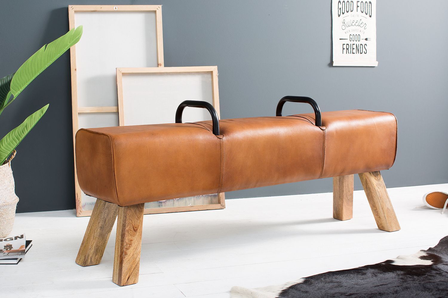 Banc cuir véritable bois massif 120 cm en brun naturel