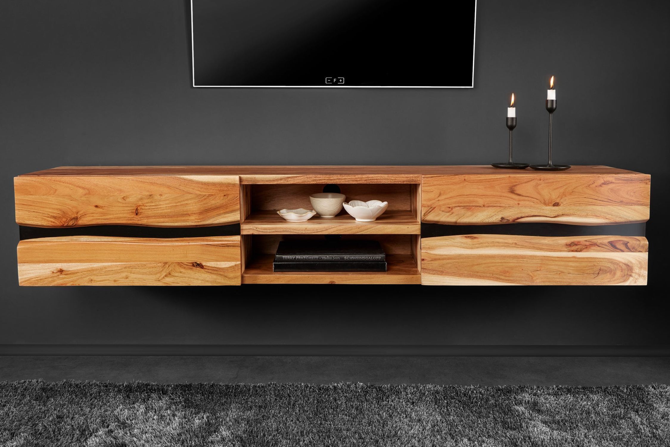 TV Lowboard hängend Akazienholz Metall 160 cm Baumkante Anrichte, Innenarchitektur, Überwachen, Bildschirm, Holz