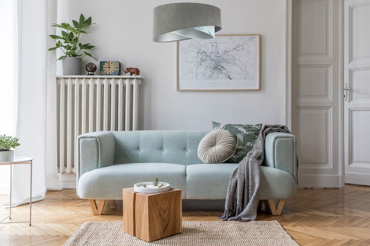 Pendelleuchte Stoffschirm Ø 50 cm rund Grau Hellblau Silber Dekoration für Zuhause, Couch, Mobiliar, Pflanze