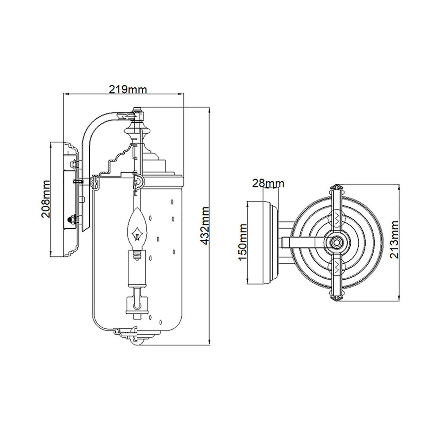 Lampe d'extérieur murale verre E14 IP44 43,2 cm de haut 2x E14 Vintage CAD-Diagramm, Diagramm