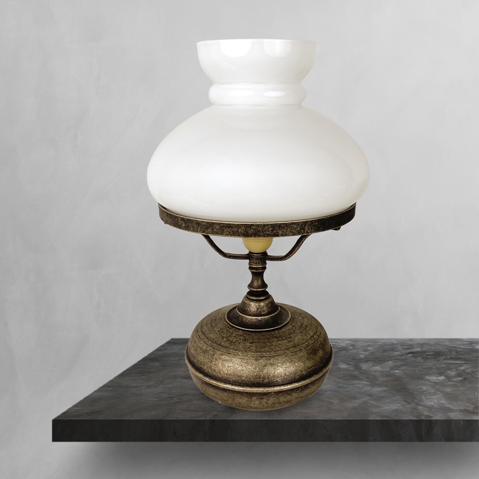 Lampe de table laiton verre 36,5 cm en bronze antique blanc E14