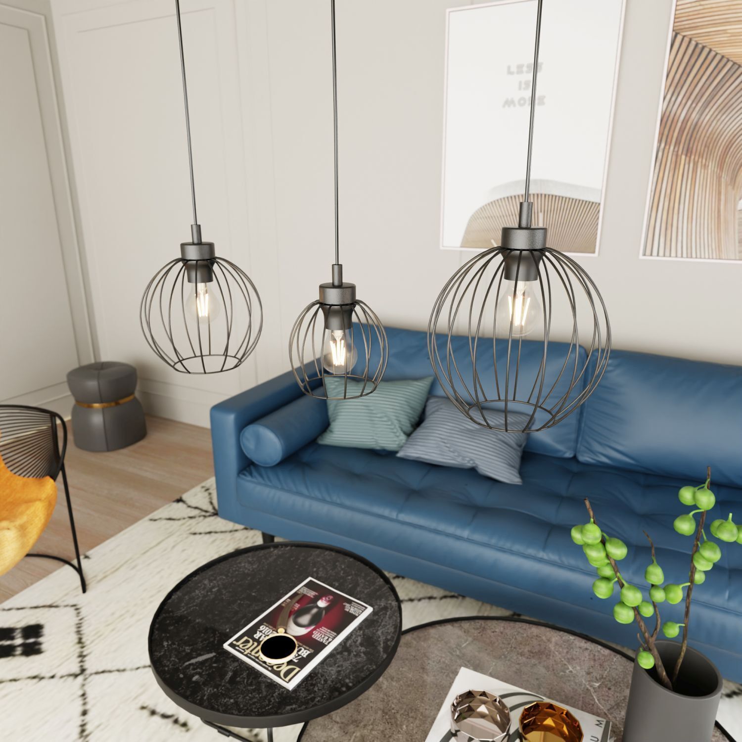 Lange Pendelleuchte Draht E27 L:77 cm Metall Schwarz pendant lamp, hängende Leuchte, Metallkäfig, Wohnzimmer, blaue Couch