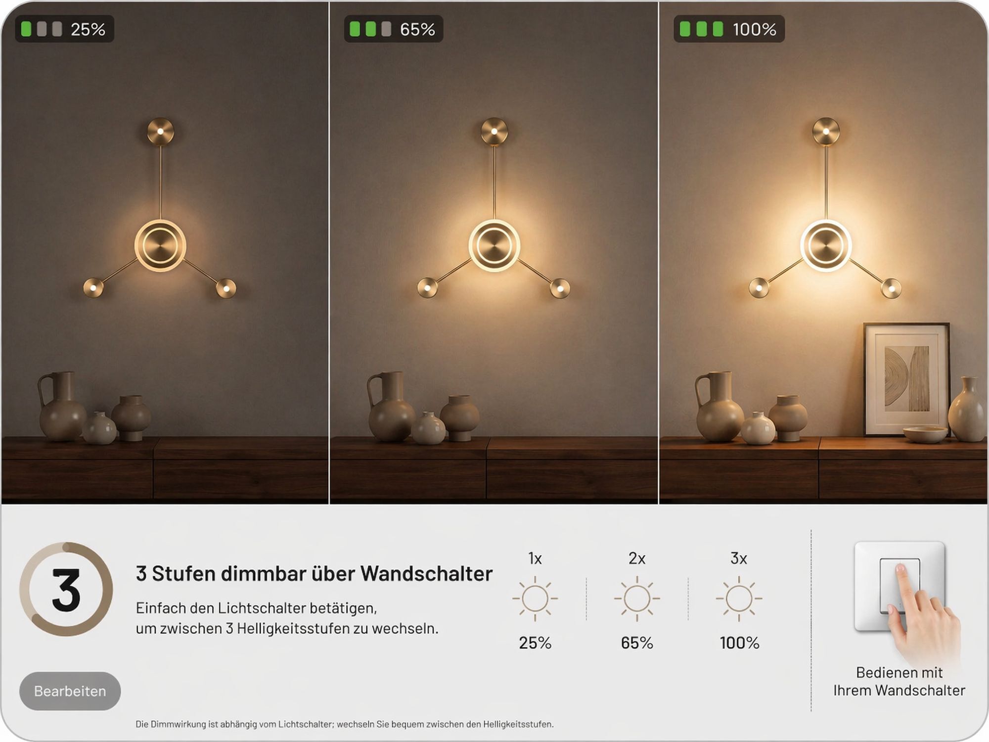 pendant light, ceiling light, dreiarmig, ringförmige Beleuchtung, Wandschalter Steuerung