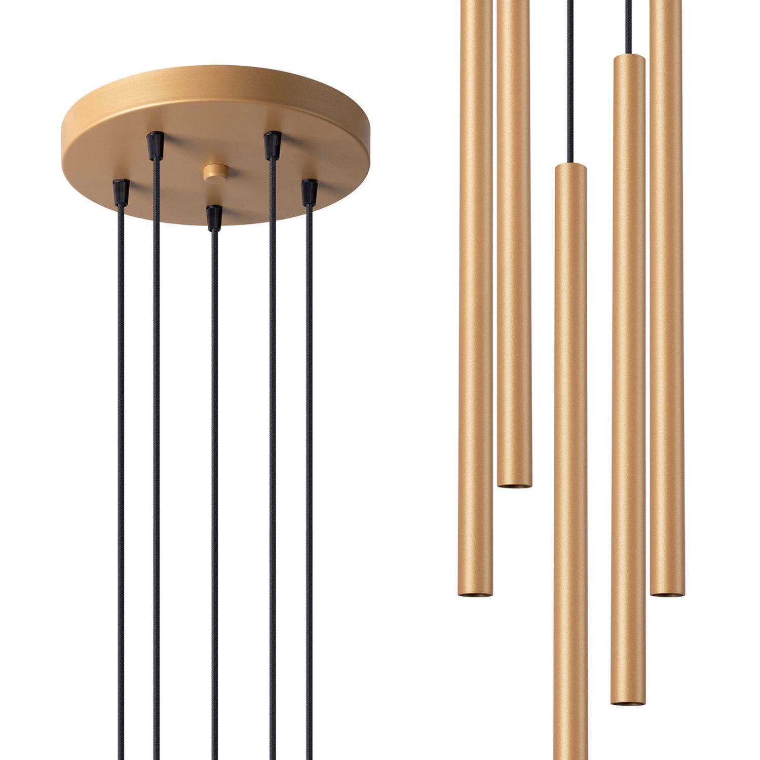 pendant lamp, gold rods, ceiling mount, multi-pendant, black cords