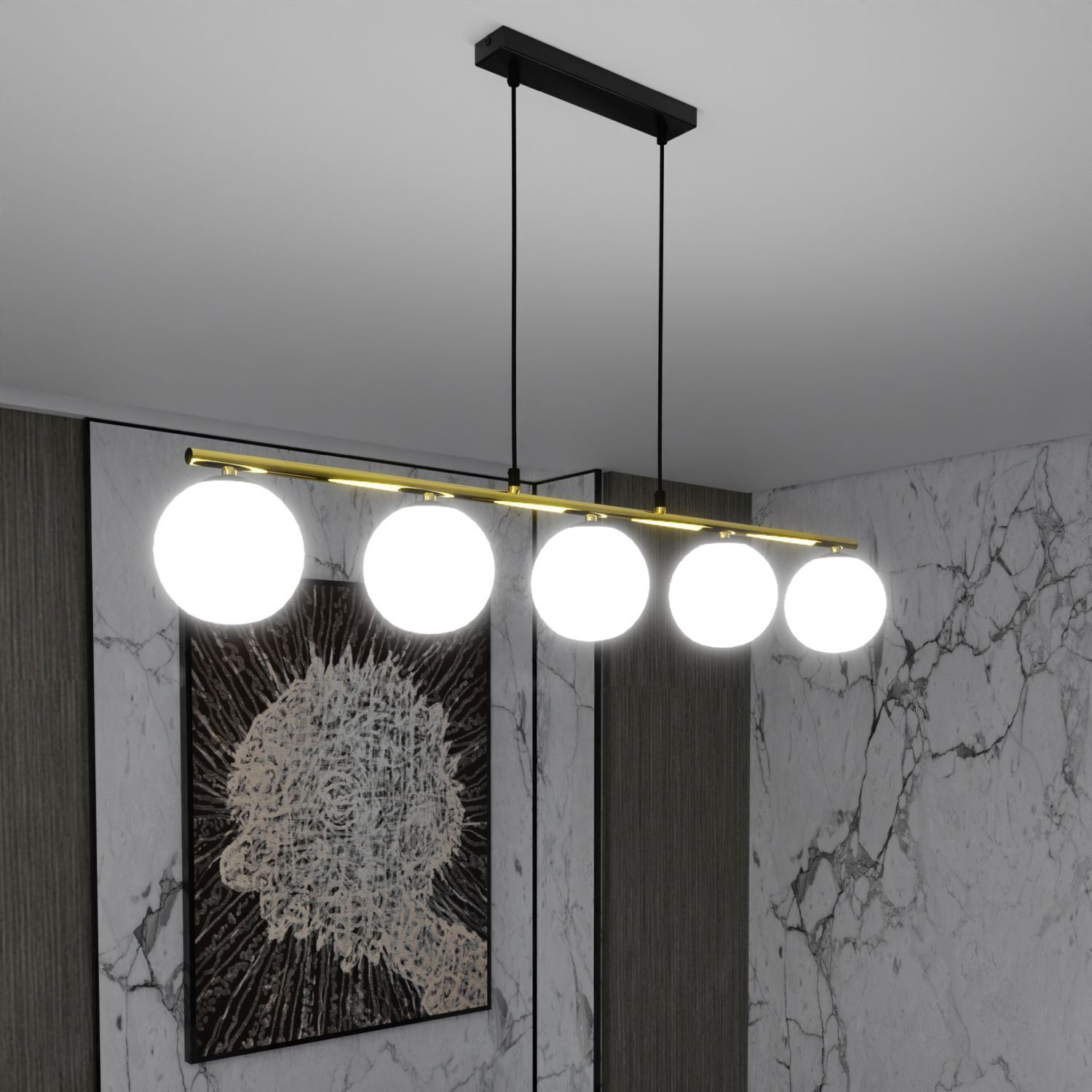 Suspension noir blanc or E14 verre métal 105 cm de long