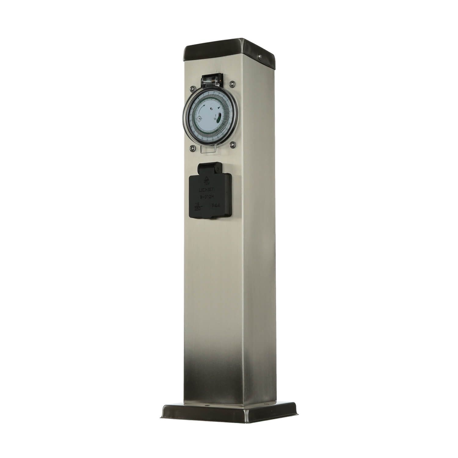 energiesaeule-mit steckdose-und-timer-fuer-aussen-garten-terrasse-edelstahl-2 Berührungsloser Zähler, Zählerstandsanzeige, Standsäule, Metall, Industrie-Design