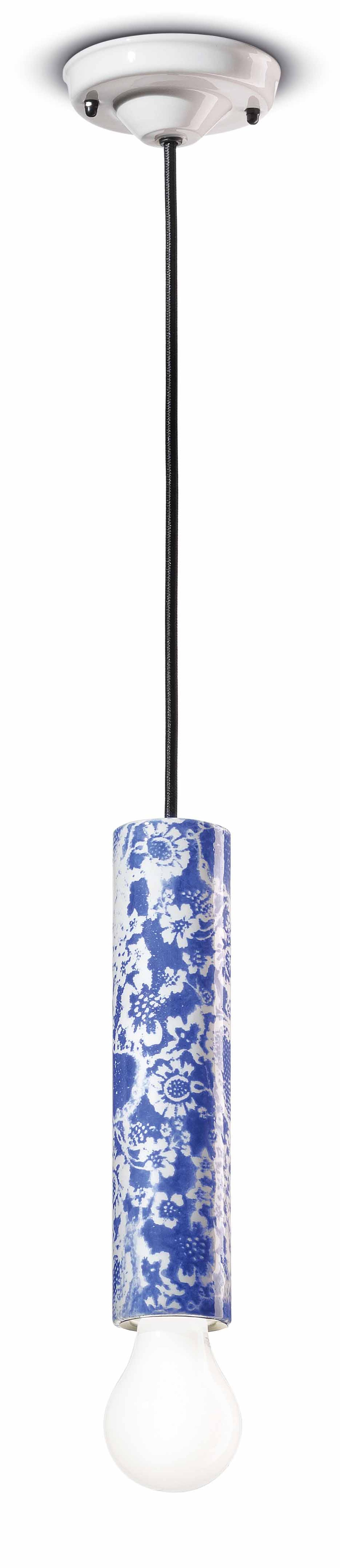 Pendelleuchte Keramik E27 D: 5,5 cm Blau Muster rund