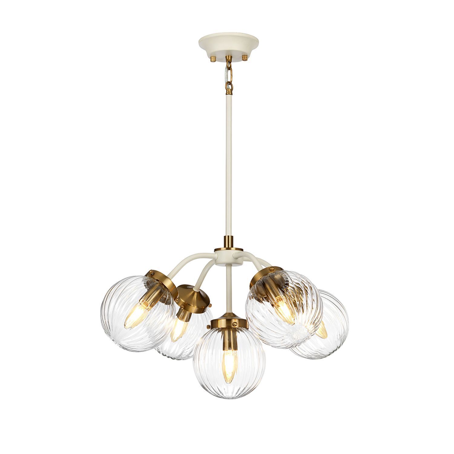 Chandelier, Pendant light, Glas-Globus, Messing-Akzente, Fünf Glühbirnen