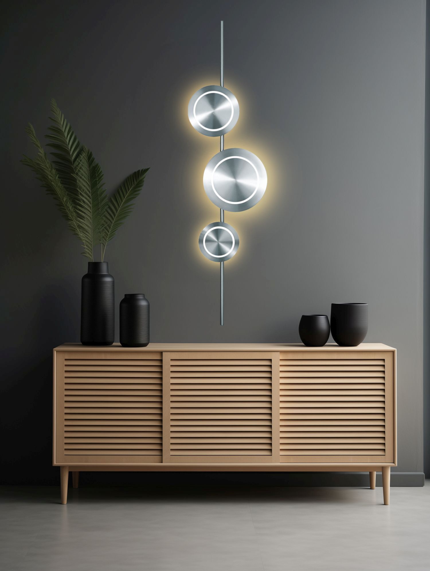 LED-Licht, Wanddeko, Spiegellampe, Holzsideboard, Pflanzen-Dekor