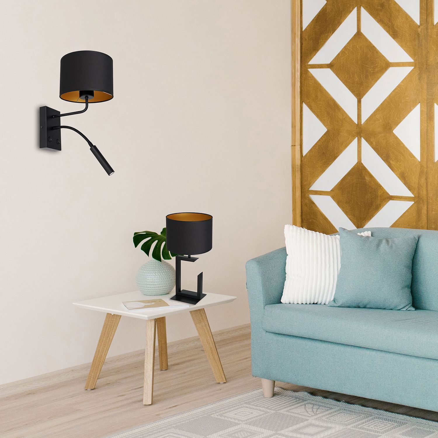 Wandlampe Schwarz Gold Stoff Lesearm E27 G9 wohnlich Lampe, Drinnen, Innenarchitektur, Stehlampe