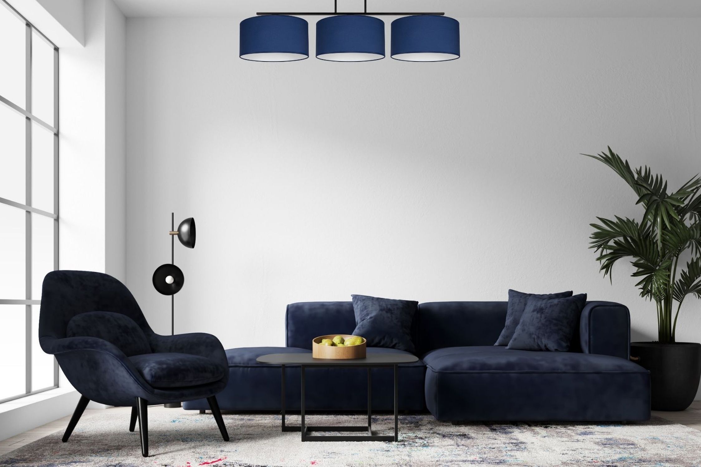 Plafonnier long Tissu Noir Bleu Blanc E27 100 cm