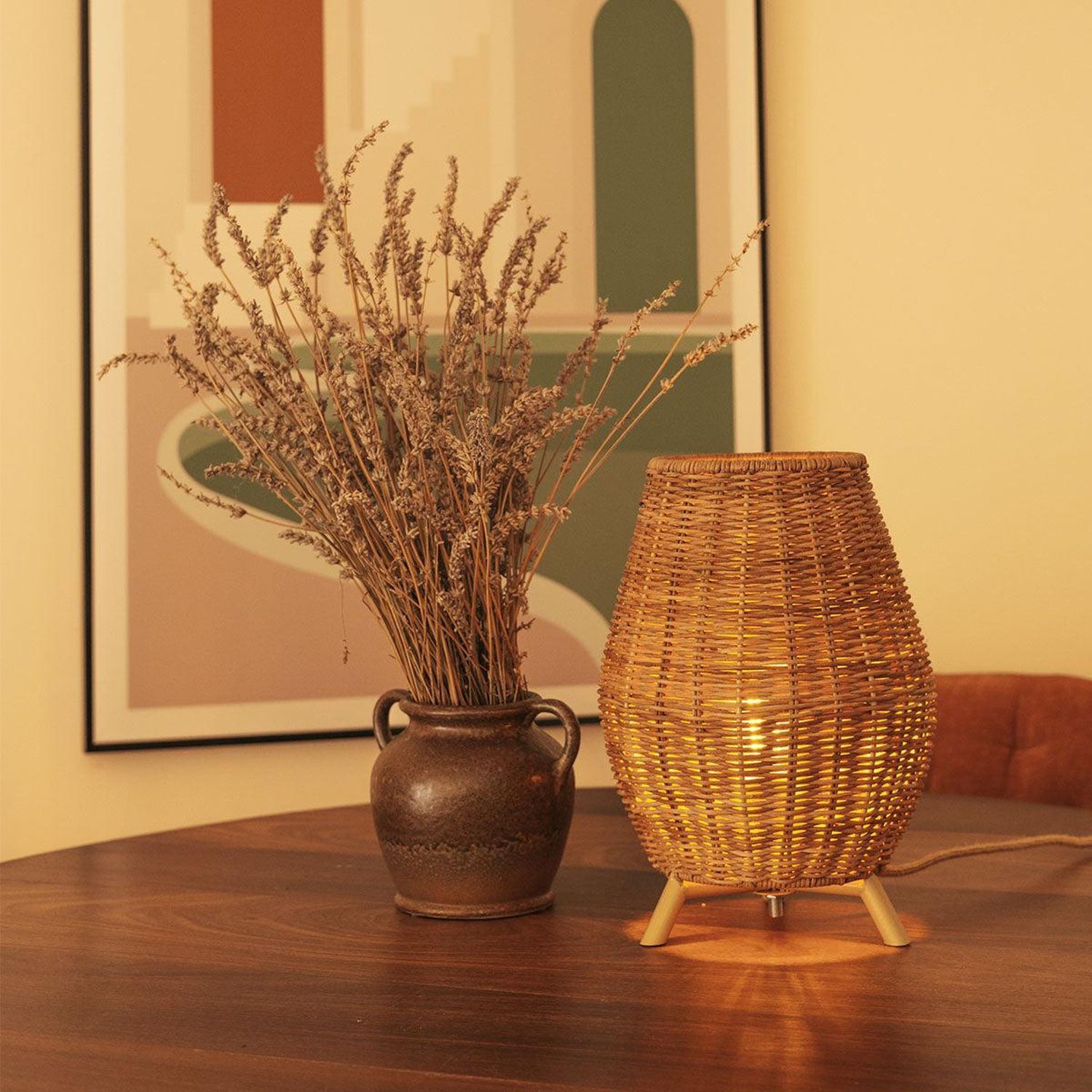 Lampe de table en rotin H : 32,5 cm Trépied naturel E27 FULDE