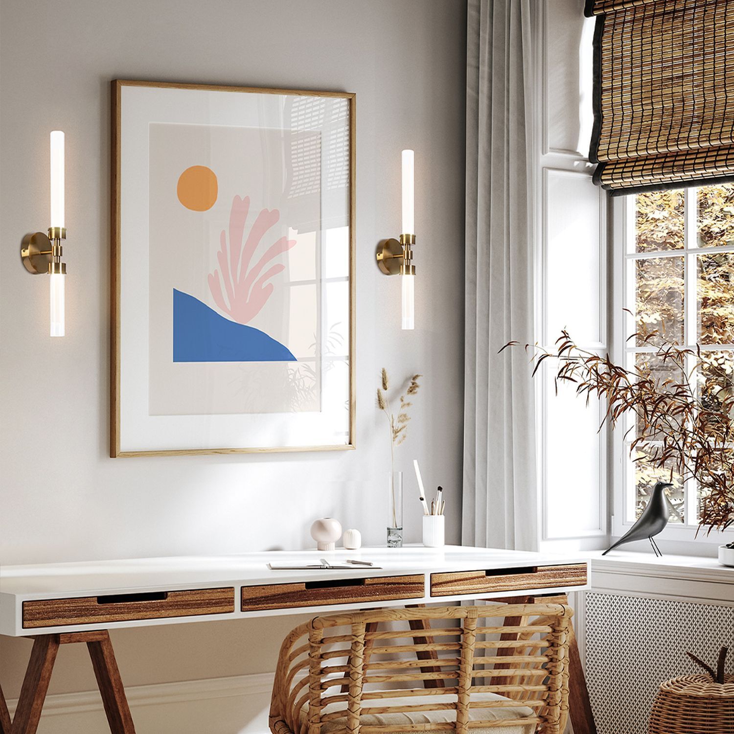 LED Spiegelleuchte Metall Glas H: 56,6 cm in Messing Drinnen, Innenarchitektur, Mobiliar, Tabelle, Kerze