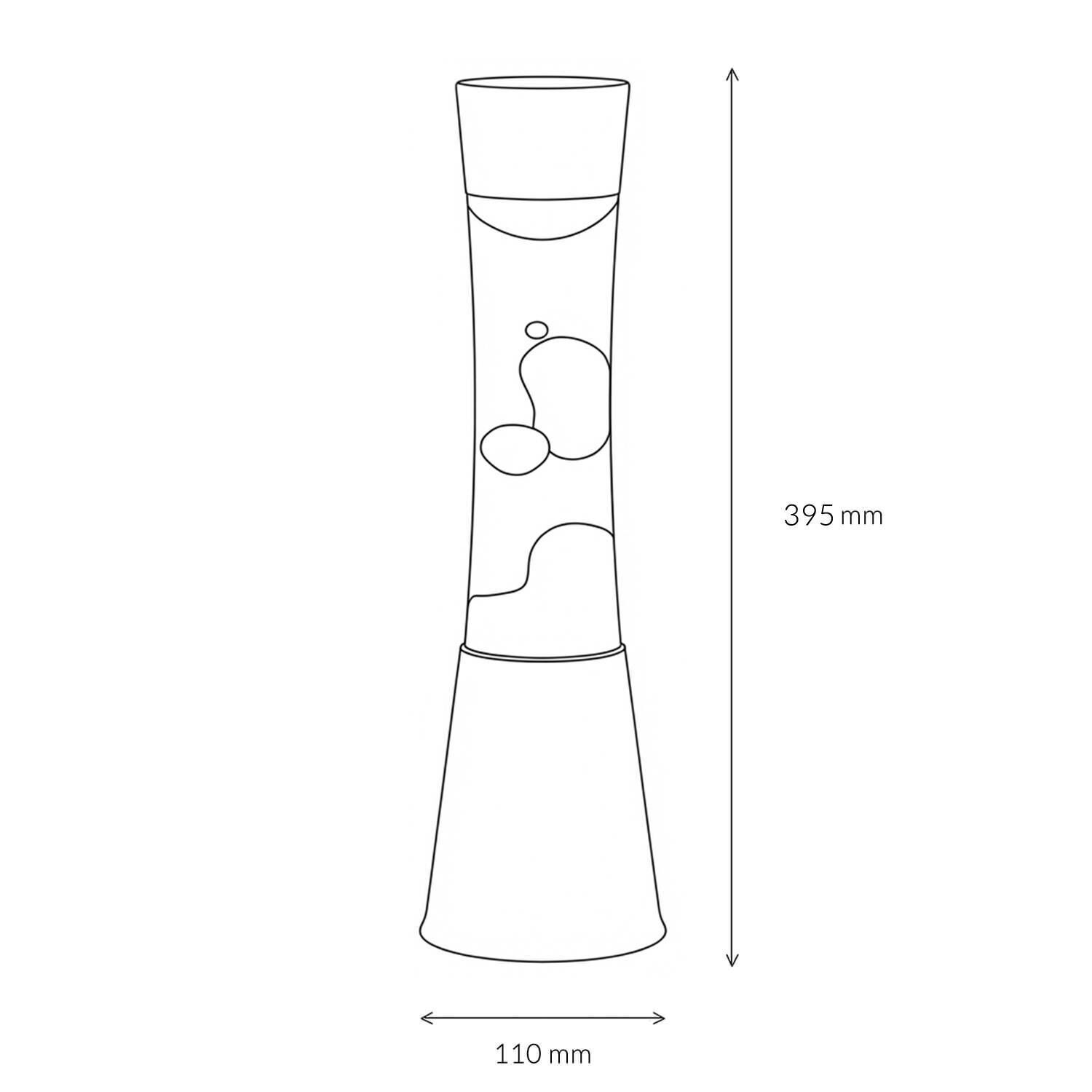 Lava-Lampe, Maßzeichnung, Rohrform, Höhe 395mm, Basis 110mm