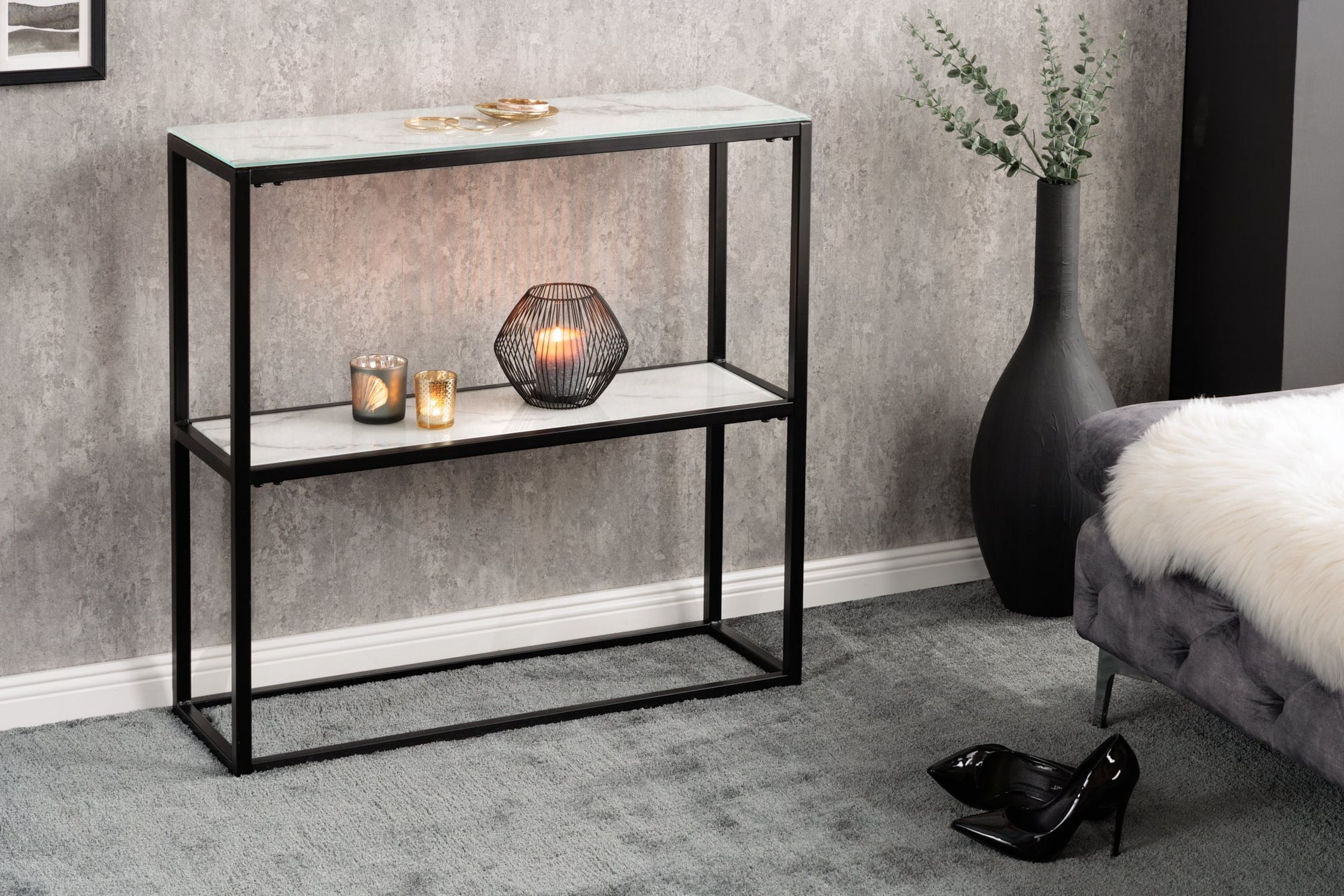 Table console verre trempé métal blanc noir 80 cm